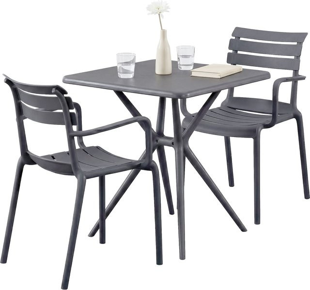 CLP Gartenmöbel-Set Avena wetterfest in Anthrazit mit 2 Stapelstühlen und quadratischem Esstisch, Sitzgruppe für Balkon, Terrasse und Garten, Tisch B: 72 cm, B: 72 cm - Bild 1
