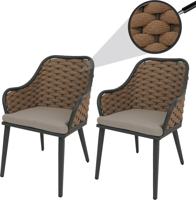 2er-Set MCW Outdoor-Gartenstühle O16 mit Armlehnen aus Olefin-Seilgeflecht in Beige und hellbraunen Kissen - Bild 1