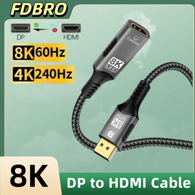 FDBOY 8K DisplayPort auf HDMI Kabel in Schwarz für unidirektionale Übertragung mit 8K@60Hz und 4K@120Hz für PC, Laptop und Fernseher - Bild 1
