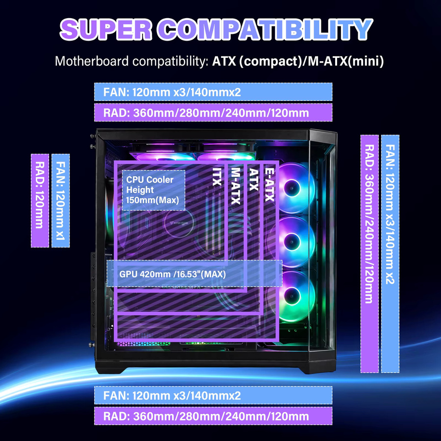 AS-01 ATX Desktop-Computergehäuse in Schwarz mit gehärteten Glas-Seiten- und Vorderwänden und 5 Festplattenslots für ITX, MATX und EATX Motherboards - Bild 6