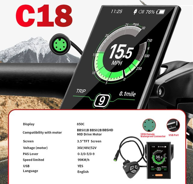 Bafang DPC18 Original Display für Elektrofahrräder mit USB-C Port, Schwarz, 5-Pin Weiblich UART, passend für 8fun BBS E-Bike Mittelmotoren - Bild 1