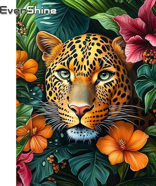 Evershine Diamant Mosaik DIY Kunstmalerei Gepard mit Blumen als Wanddekoration, Mehrfarbig, B/H: 30 x 20 cm - Bild 1