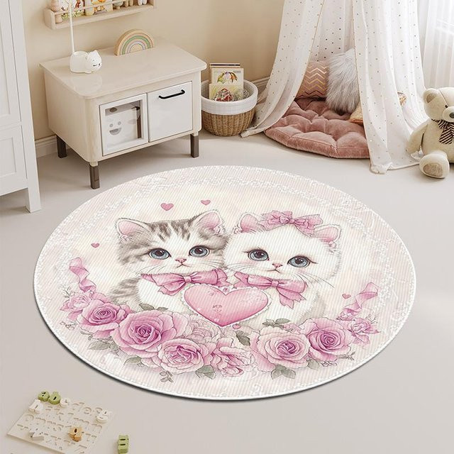 Runder Teppich mit Katzenmotiv aus Crystal Velvet, Waschbar und Schmutzabweisend, Multicolour, Durchmesser: 80 cm - Bild 1