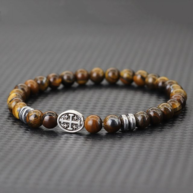 Noter Herren-Armband, Lava-Türkis, Tigeraugen-Stein, Kreuz-Symbol - Bild 1