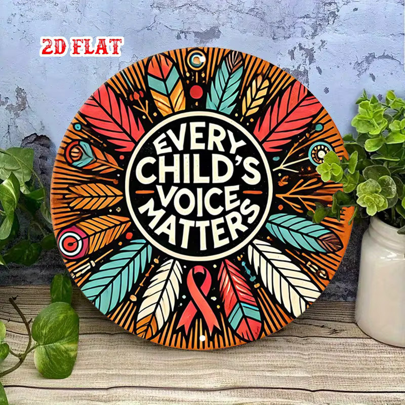 Potdemiel Rundes Aluminiumschild Every Child's Voice Matters, Bunte Metallwandkunst mit Federn und Geometrischem Design, Durchmesser: 20 cm - Bild 4
