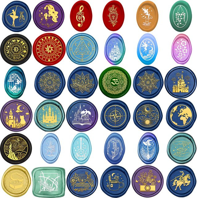 Wachssiegelstempel Set mit verschiedenen Mustern wie Mandala, Blumenstrauß, Schloss und Sternbildern in Multicolour für Grußkarten und Handwerk - Bild 1