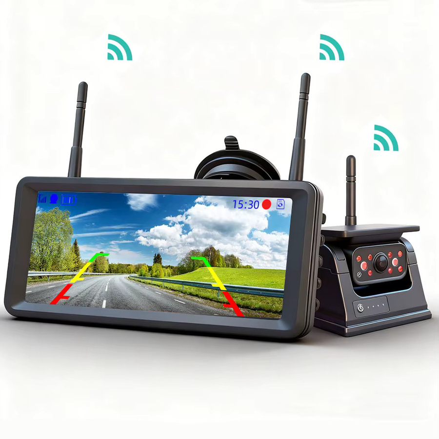 QXNY Kabellose solarbetriebene Rückfahrkamera mit 7-Zoll DVR-Monitor für Wohnmobil, LKW und Anhänger, Schwarz - Bild 2