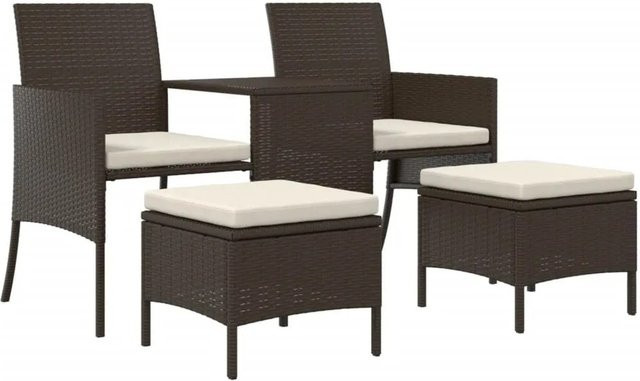 vidaXL Gartenmöbel-Set aus Poly Rattan in Braun mit 1-Sitzer-Bank, Teetisch, 2 Hockern und Polstern - Bild 1
