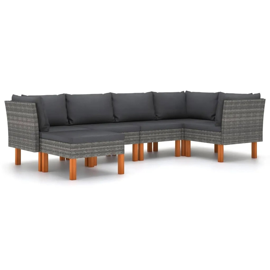 vidaXL 6-tlg Garten-Lounge-Set in U-Form aus Poly-Rattan und Eukalyptusholz in Grau mit Kissen und Fußstütze - Bild 2