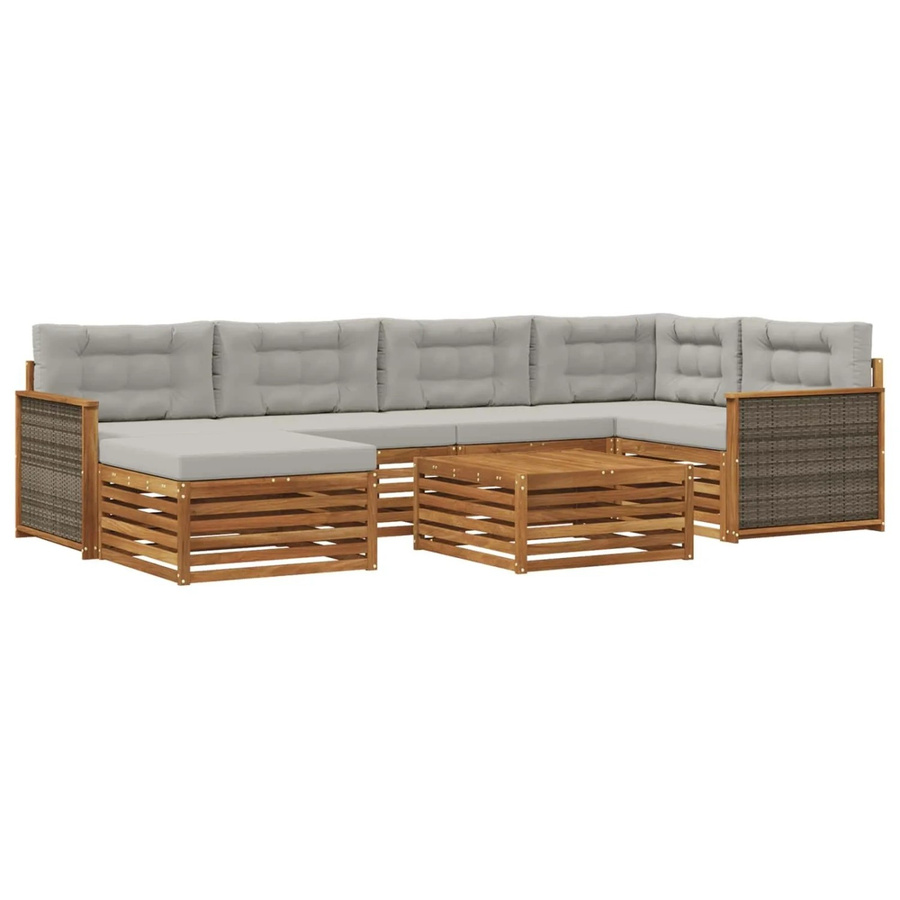 vidaXL Outdoor-Sofagarnitur in L-Form aus Akazienholz mit 7 Kissen, Farbe Natur und Hellgrau - Bild 2