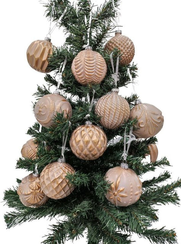 12 BURI Glas-Weihnachtsbaumkugeln in Beige, rund mit geometrischem Design, Durchmesser: 8 cm - Bild 1