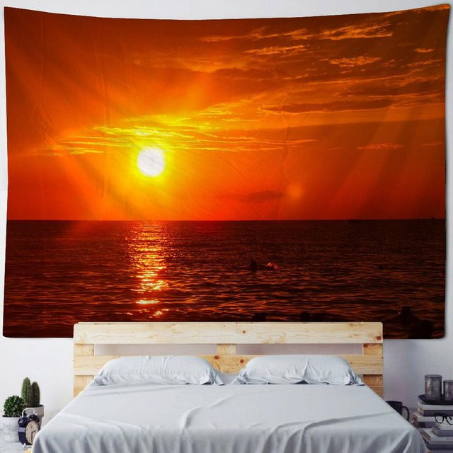 Wandteppich mit Ozean-Landschaft bei Sonnenaufgang und Sonnenuntergang von JMG Household Supplies, Boho Wandbehang in Orange, B x H: 150 x 180 cm - Bild 1