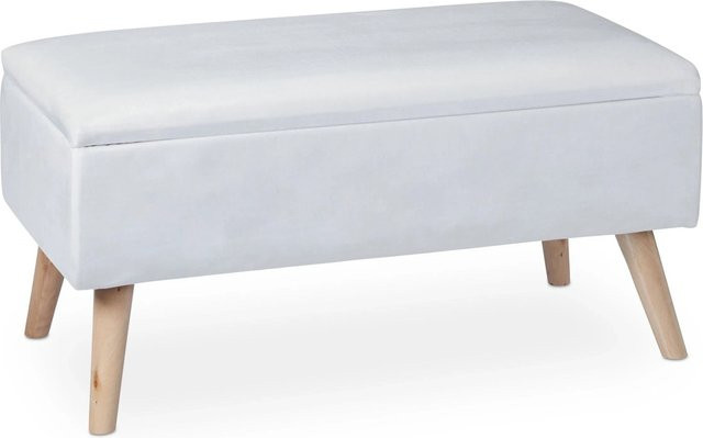 Relaxdays Sitzbank aus Samt und Eukalyptusholz in Weiß mit Stauraum, B/T/H: 80 x 40 x 41 cm - Bild 1