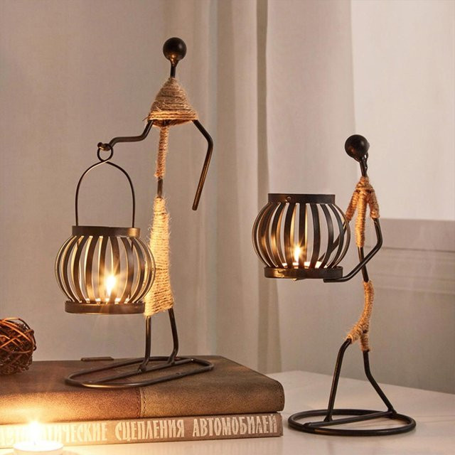 Yiran Furniture Kerzenhalter aus Metall in abstrakter Form, handgefertigter Vintage Kerzenständer für Stumpenkerzen und Teelichter, beige - Bild 1