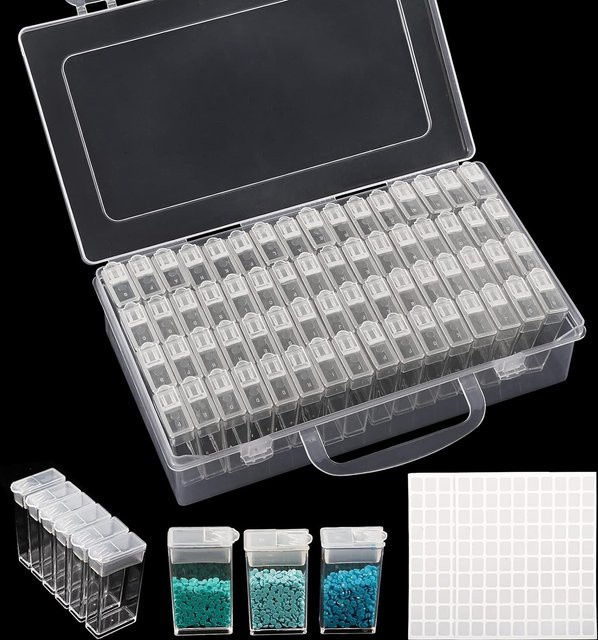 64-Fächer Diamond Painting Perlen Aufbewahrungsbox aus Kunststoff in Blau und Transparent, Tragbarer Organizer für Strasssteine, Schmuck und Bastelmaterialien - Bild 1