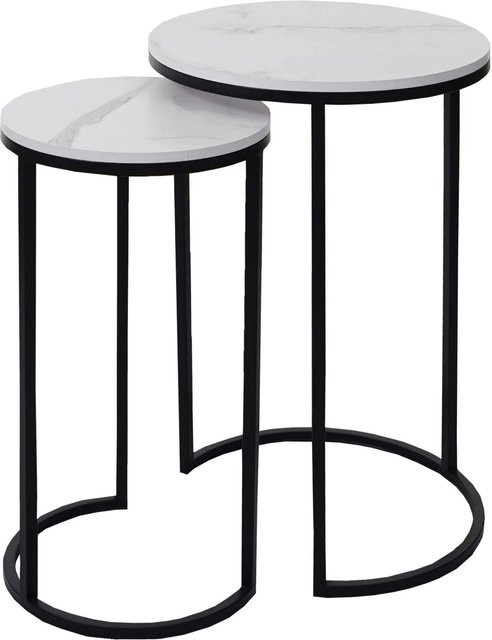 2er-Set Beistelltische MCW K46 in Marmor-Optik aus MDF und Paulowniaholz, Weiß-Schwarz, modern - Bild 1