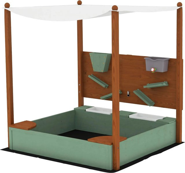 AIYAPLAY Sandkasten aus Massivholz mit Abdeckung und Sitzbänken in Grün und Braun, B/T/H: 128,0 x 112,5 x 96,0 cm - Bild 1