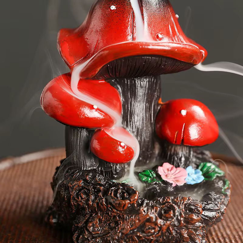 MINIDEAL Harz-Pilz-Wasserfall-Rückfluss-Räuchergefäß mit Blumen und Teich-Design in Rot - Bild 3