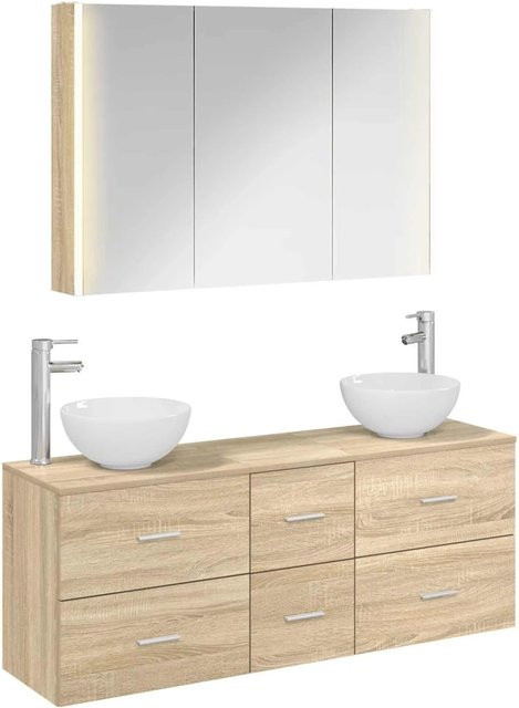 vidaXL Badezimmermöbel-Set 4-teilig in Sonoma-Eiche mit Spiegelschrank, Waschtischunterschrank und Seitenschrank, Farbe: Braun - Bild 1