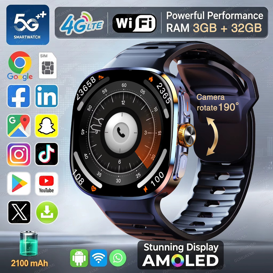 GUHUAVMI Android Smartwatch mit 5G/4G Vollnetz, 3GB RAM, 32GB Speicher, Kamera, HD-Videoanruf, WiFi, NFC und GPS in Schwarz - Bild 7