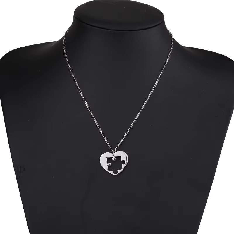 ANENJERY Halskette Herz Puzzle Anhänger, Edelstahl, Silber, Unisex - Bild 4