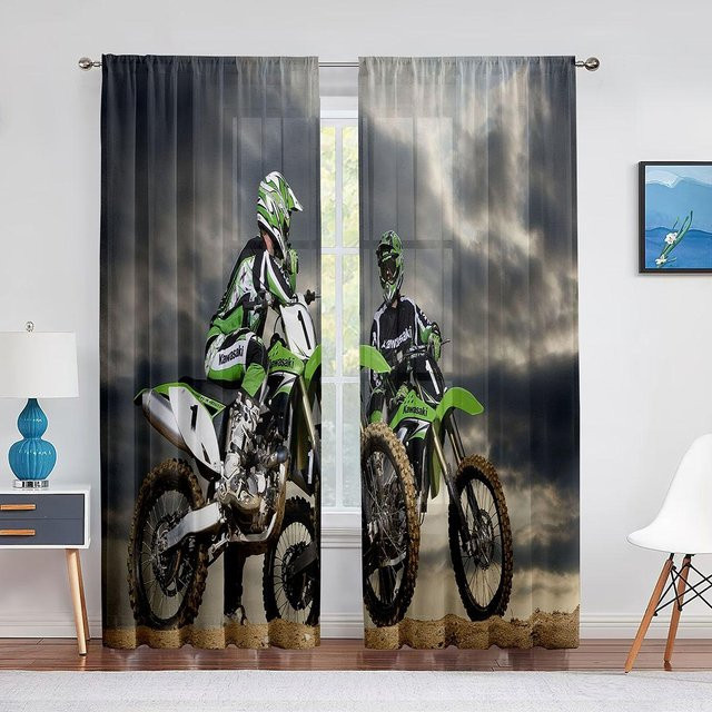 Yiran Furniture Tüllvorhänge mit Motiven von Dirtbike-Motorrad-Motocross-Fahrern, 2er-Set, transparent, Breite: 60 cm, Höhe: 150 cm - Bild 1