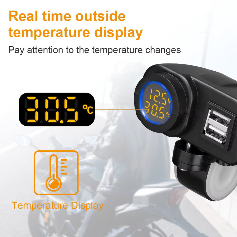 Extractme 36W Dual QC3.0 Motorrad USB Ladegerät mit Digital Display für Voltmeter und Thermometer in Schwarz - Bild 2