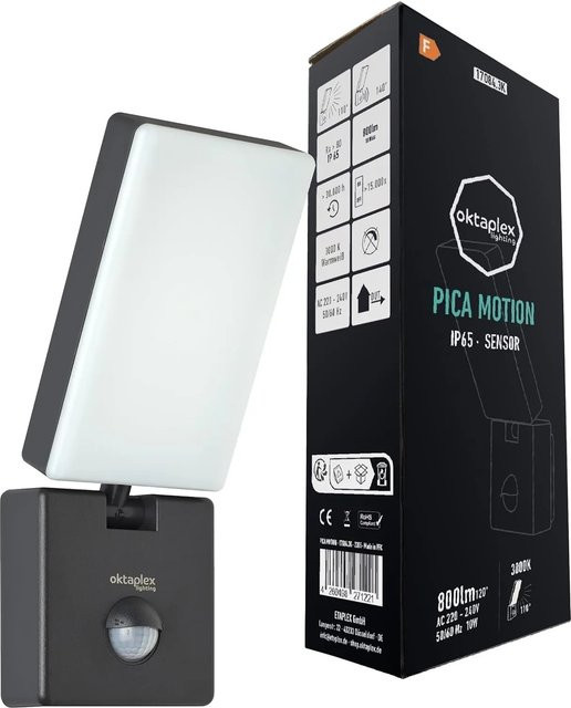 Oktaplex Pica LED Außenwandlampe mit Bewegungsmelder, 10W, 800lm, 3000K Warmweiß, IP65, Weiß - Bild 1