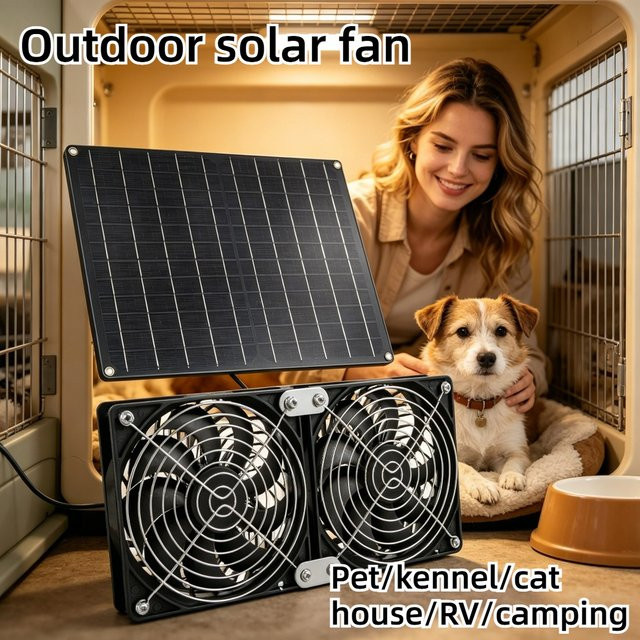 EESBAO Solarbetriebener Doppel-Abluftventilator mit 15W Panel in Schwarz für Hundezwinger, Hühnerstall und Gewächshaus - Bild 1