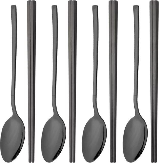 Uniturcky Besteckset aus Edelstahl in Schwarz und Silber, 8-teiliges Set bestehend aus Sushi-Stäbchen, Löffeln und Teelöffeln für koreanisches Essen und Dessert - Bild 1