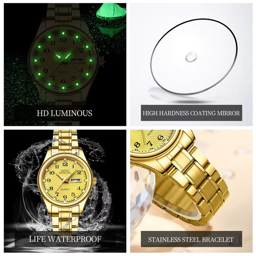 OPK Armbanduhr, Quarz, Edelstahl, Gold, Damen, Datum, Wochentag - Bild 4
