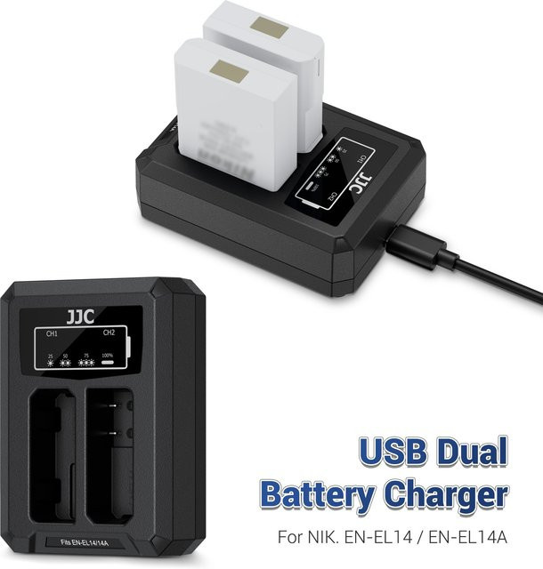 JJC USB Typ C Dual-Akkuladegerät für Nikon EN-EL14A Akkus in Schwarz - Bild 1
