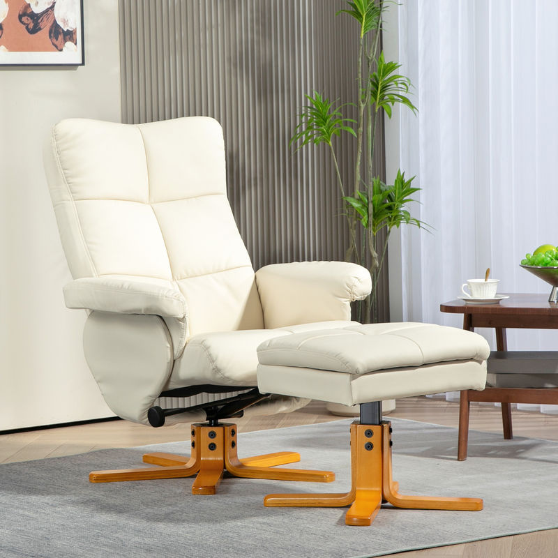 HOMCOM Relaxsessel mit Hocker und Stauraum, 360 Grad drehbarer Fernsehsessel mit Liegefunktion aus Kunstleder in Cremeweiß - Bild 2