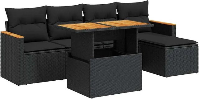 vidaXL 6-teilige Garten-Sofagarnitur aus Poly-Rattan und Akazienholz in Schwarz mit Kissen - Bild 1