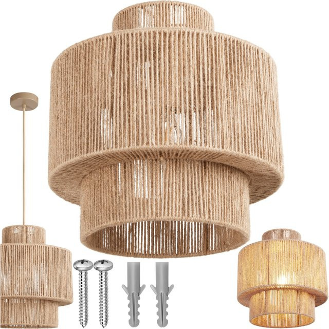 tectake Pendelleuchte Allegra im Boho-Stil mit Jute-Wickeltechnik und Stahlgestell, Farbe: Natur/Beige, B/T/H: 32 x 32 x 33 cm - Bild 1