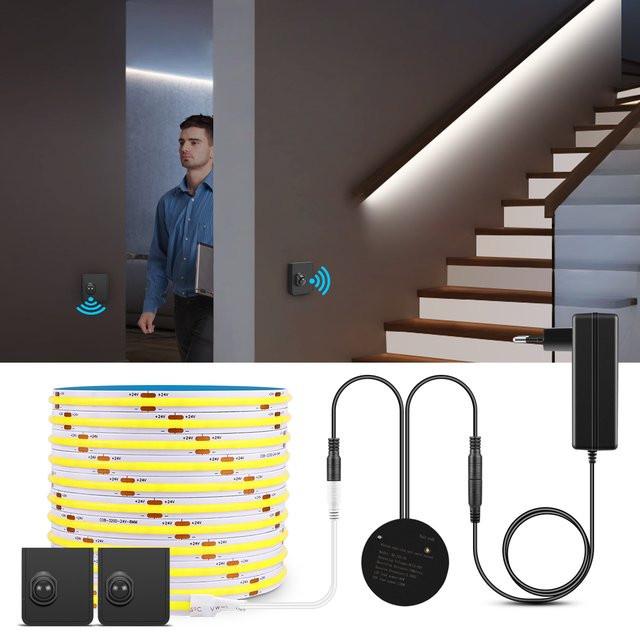 Rybakov COB LED Streifen Set mit Sensor-Schalter, RF-Empfänger und 24V Netzteil für Treppenbeleuchtung, Küchenschrank und Kleiderschrank in Weiß - Bild 1