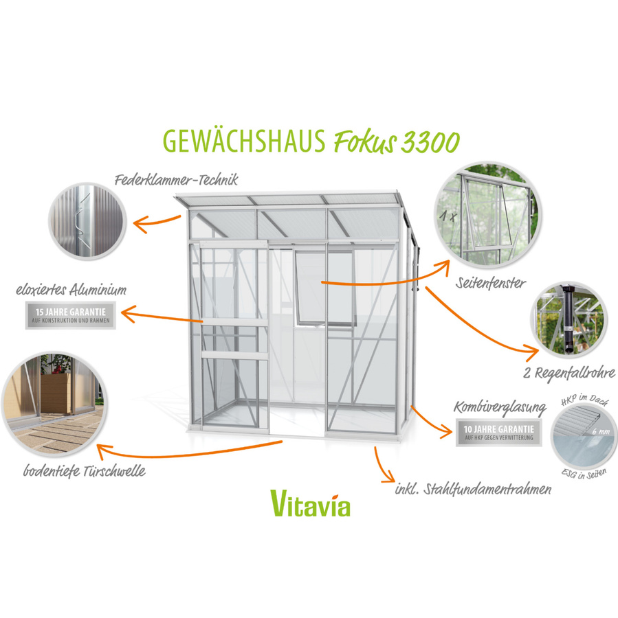 Vitavia Gewächshaus Fokus 3250 mit Stahlfundamentrahmen und Schiebetür, Aluminium eloxiert, 2,5 m² - Bild 4