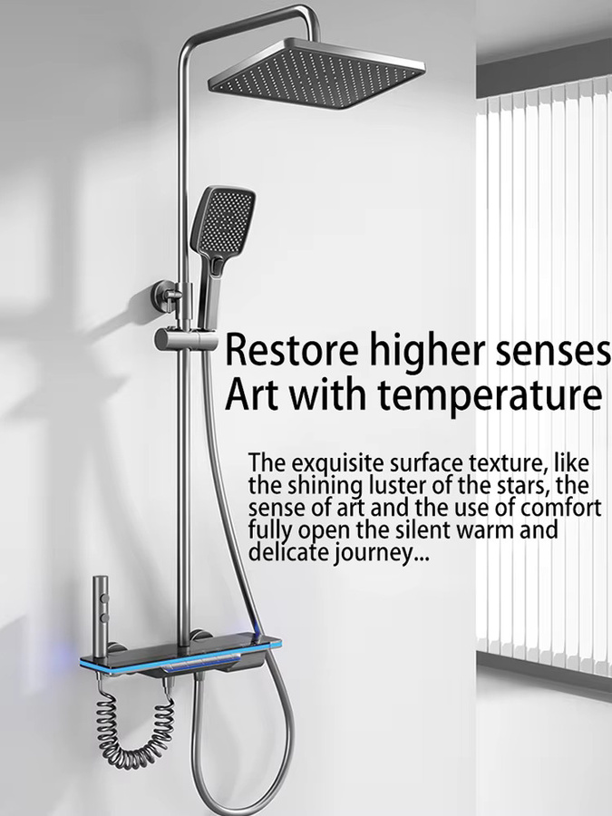 WJNMONE Luxus Duschsystem in Schwarz mit LED-Beleuchtung, Thermostat-Regenarmatur aus Messing mit Digital-Display und 4 Modi, inklusive Wasserfall und Regendusche, Wandmontage - Bild 4