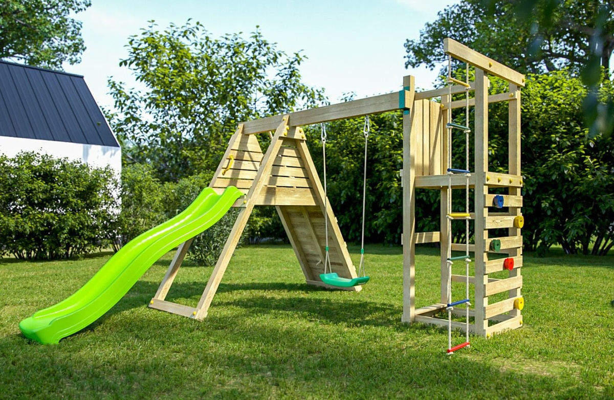 Fungoo Spielturm Climber in Teak mit Rutsche, Einzelschaukel, Kletterwand und Schaukelsitzen - Bild 2