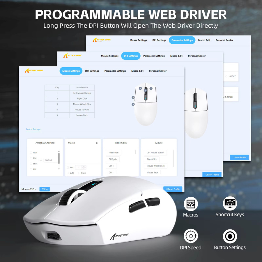 ATTACK SHARK G3PRO Gaming-Maus mit magnetischer Ladestation, PixArt PAW3311 Sensor, kabellos via Bluetooth oder 2,4 GHz sowie kabelgebunden, Farben: Schwarz oder Weiß - Bild 6