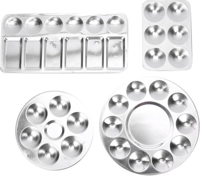 4er Set Igeteck Aluminium Malpalette mit 6 oder 10 Löchern für Acryl, Gouache und chinesische Malerei in Silber und Weiß - Bild 1