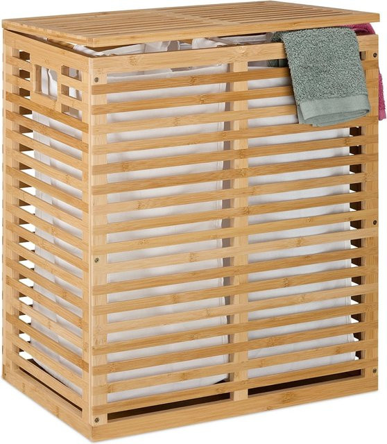 Relaxdays Wäschekorb aus Bambus mit 2 Säcken und Deckel, Natur Beige, B: 61 cm, T: 53 cm, H: 35 cm - Bild 1