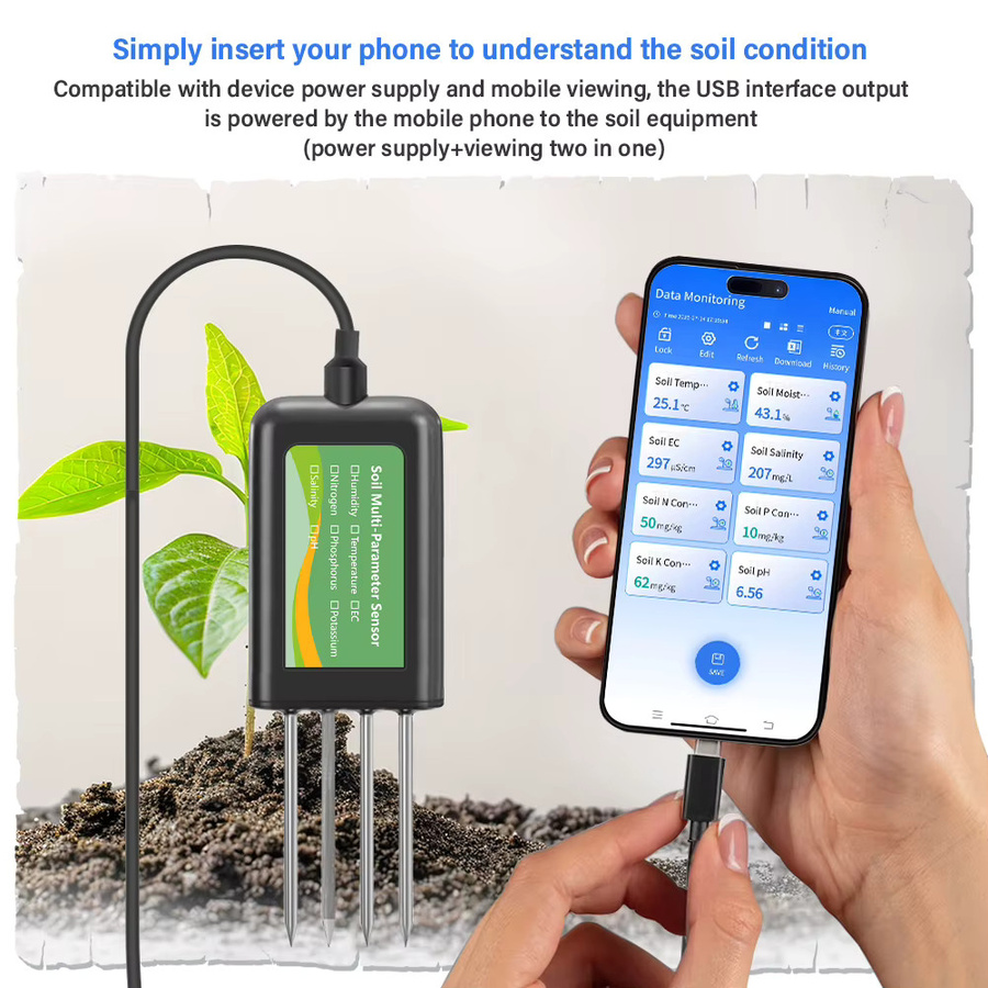 YAGO 8-in-1 Bodensensor für die Landwirtschaft: Smartes Bodenmessgerät für pH, EC, Feuchtigkeit und NPK in Schwarz (Android/HarmonyOS) - Bild 2