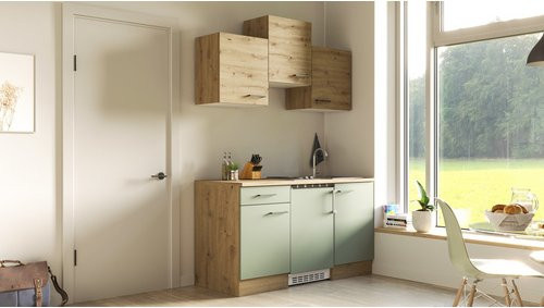 Flex-Well Singleküche Cara in Schilfgrün Matt und Artisan Eiche mit E-Geräten, B/H/T: 150 x 226 x 60 cm - Bild 1