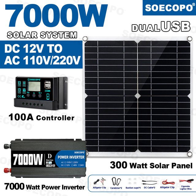 7000 W Wechselrichter-Set in Schwarz mit Solarpanel, Controller, 100 A Batterieladegerät und 12 V zu 110 V / 220 V Konverter für Camping und Beleuchtung - Bild 1