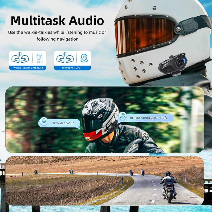 WAYXIN R16 Motorrad-Bluetooth-Helm-Headset mit 6-Fahrer-Intercom, Multitasking-Audio, FM und GPS, Schwarz - Bild 2