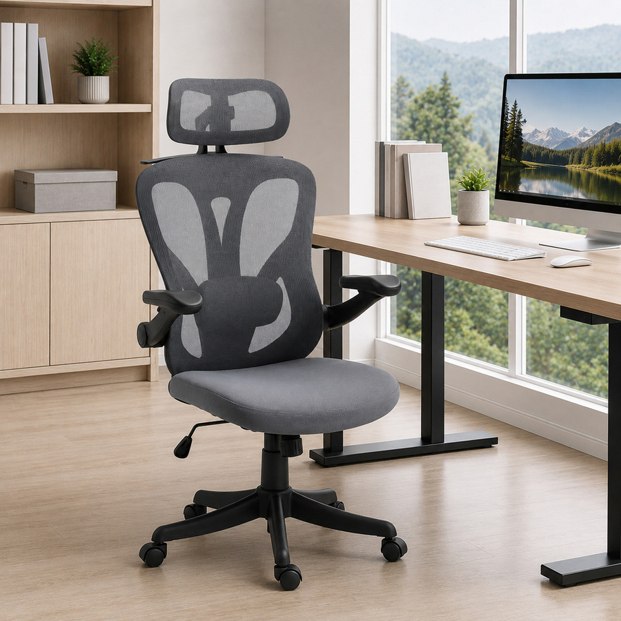 Aosom Ergonomischer Bürostuhl mit 3D klappbaren Armlehnen und 2D Kopfstütze, atmungsaktives Netz und Wippfunktion, Dunkelgrau - Bild 2