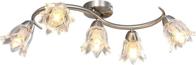 vidaXL Deckenleuchte aus verchromtem Stahl mit transparenten Glasschirmen in Tulpenform, Farbe: Silber, für 5 E14 Glühlampen - Bild 1