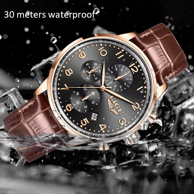LIGE Chronograph, Quarz, Leder, Schwarz, Herren - Bild 4