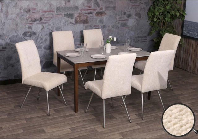 6er-Set Esszimmerstühle MCW Modern mit gebürstetem Edelstahl und Chenille-Stoff in Beige - Bild 1